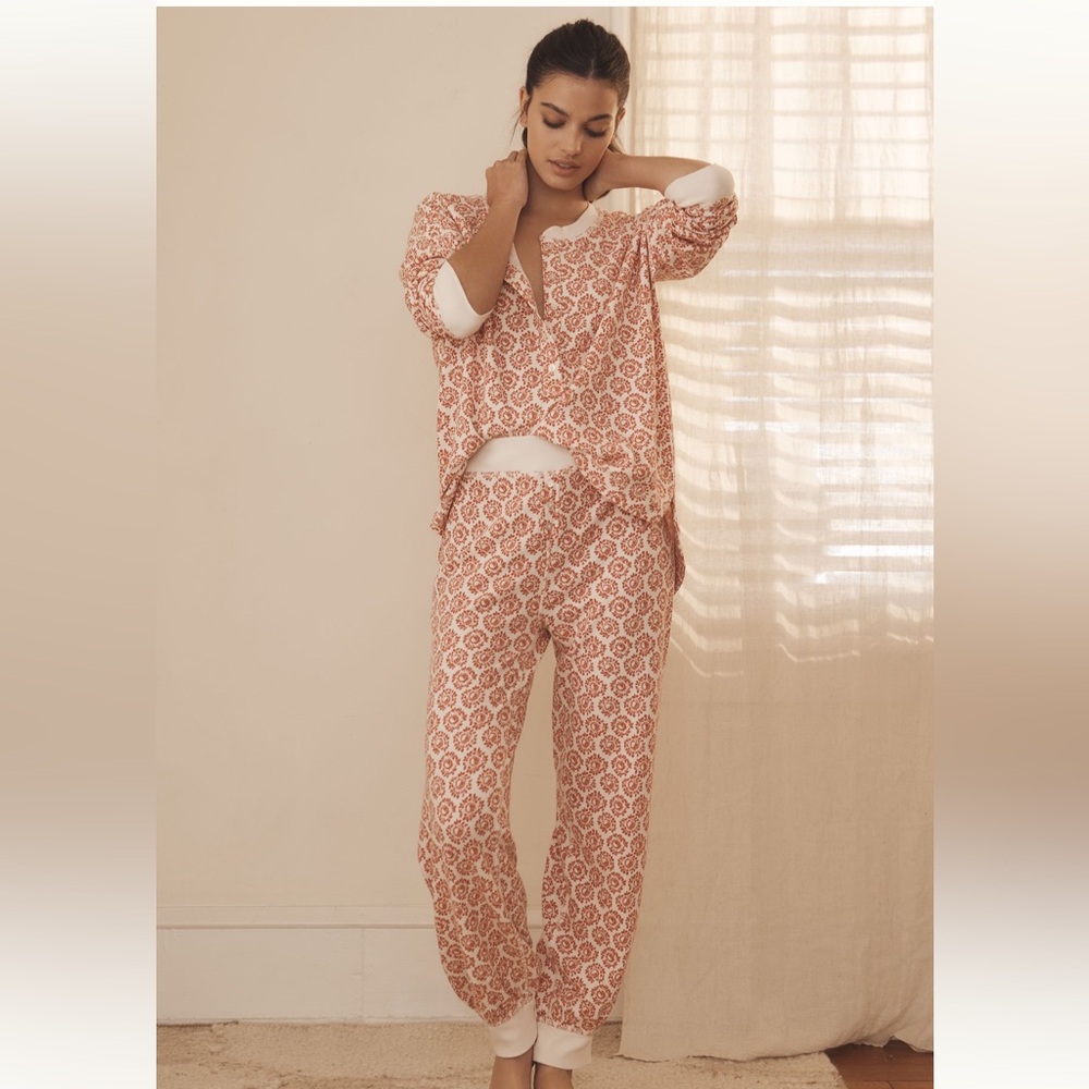 NWT 🆕 Anthro Red Motif Waffle Knit PJ Set - S Top / M Bottoms